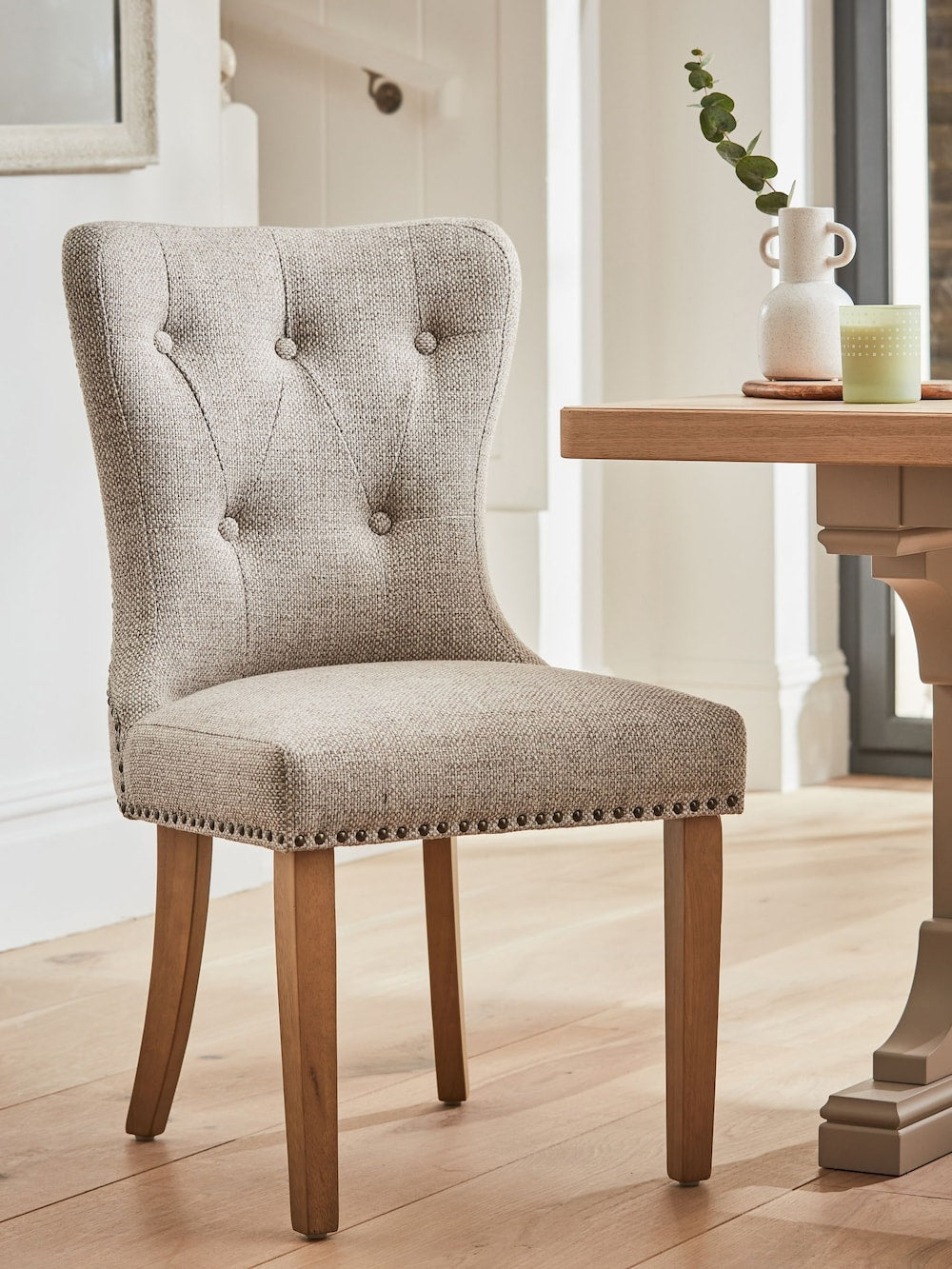 Set of 2 Chunky Weave Mid Natural Blair Light Wood Leg Button Dining Chairs